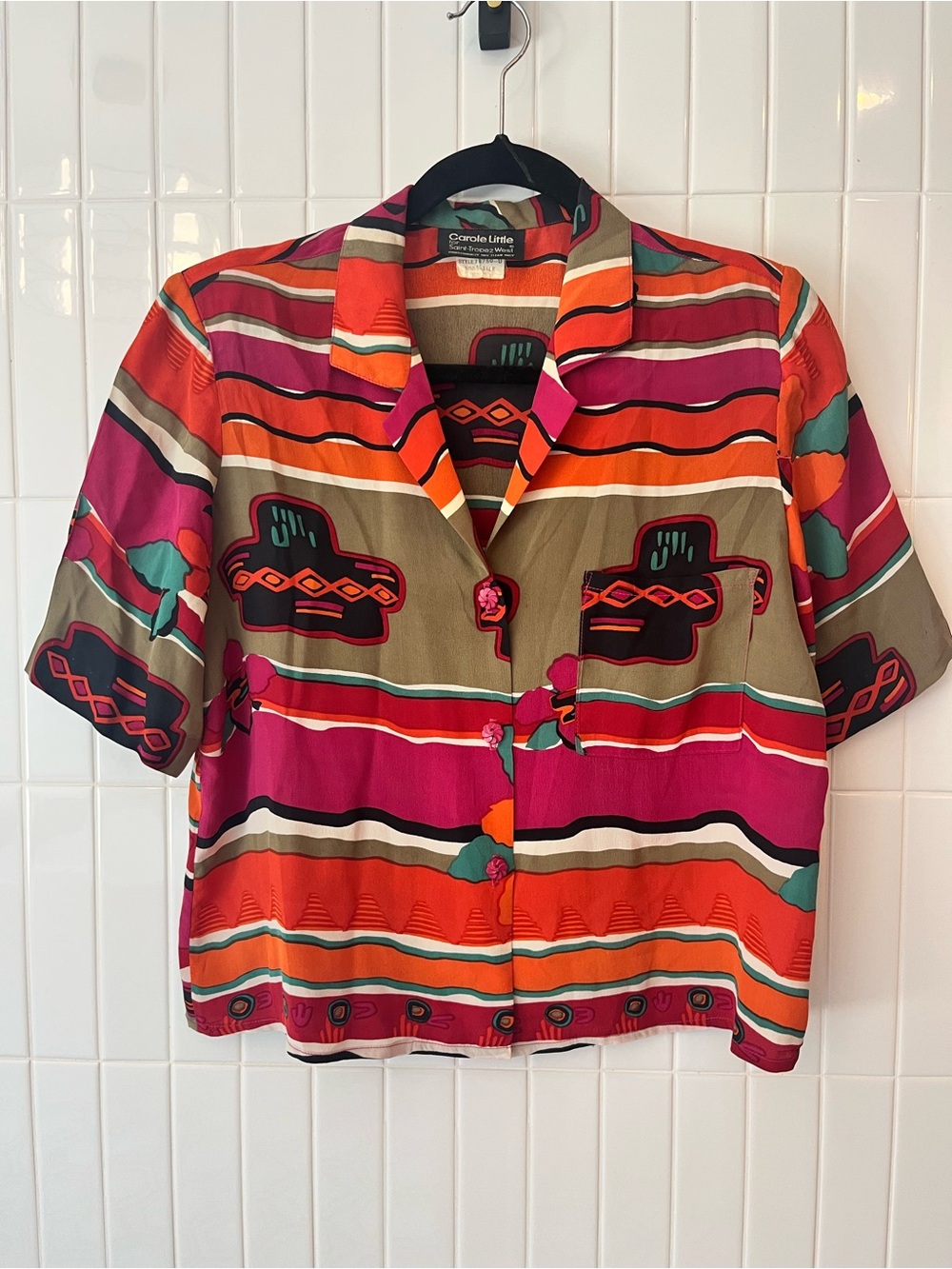 Vintage Carole Little Saint-Tropez West Silk Shirt Southwest Abstract Print